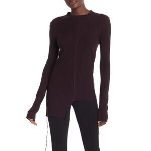 Helmut Lang Wine Purple Long Sleeve Asymmetrical Raw Hem Ribbed Crew Top Small